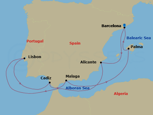 9 Night - A Journey to Andalusian Grace & Balearic Bliss - EXPLORA II - Starting in Barcelona, Alicante, Lisbon, Cadiz, Malaga, Spain, Palma De Mallorca, Barcelona itinerary map
