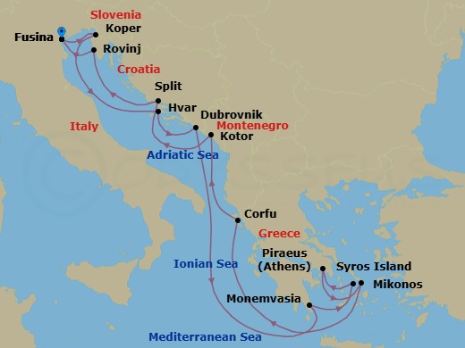 14 Night - An Extended Journey Through Adriatic Elegance, Iconic Shorelines & Timeless Landmarks - EXPLORA I - Starting in Fusina (Venice), Koper, Hvar, Dubrovnik, Croatia, Monemvasia, Syros (Syra), Piraeus (Athens), Mykonos, Corfu, Kotor, Split, Rovinj, Fusina (Venice) itinerary map