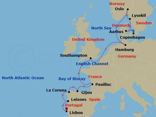 14 Night - A Grand Journey Through Europe's Seafaring Heritage & Historic Artistry - EXPLORA IV - Starting in Copenhagen, Aarhus, Lysekil (Gotland), Oslo, Hamburg, Southampton, Pauillac, Gijon, Spain, La Coruna (a Coruna), Porto (Leixoes), Lisbon itinerary map