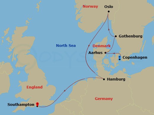 7 Night - A Journey of Coastal Allure & Artistic Marvels - EXPLORA IV - Starting in Copenhagen, Aarhus, Lysekil (Gotland), Oslo, Hamburg, Southampton itinerary map