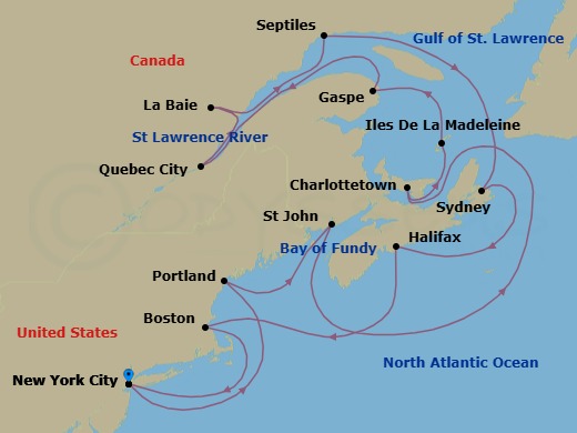 20 Night - An Extended Journey of Artistic Cities & Dramatic Wilderness - EXPLORA V - Starting in New York City, Portland ME, Saint John NB (Bay of Fundy), Charlottetown, Prince Edward Island, Iles De La Madeleine, Gaspe, Quebec City, La Baie (Saguenay), Sept-Iles, Sydney CA, Halifax, Boston, New York City itinerary map