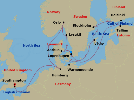 14 Night - An Extended Journey Through Baltic Beauty and Northern Coastal Icons - EXPLORA IV - Starting in Copenhagen, Berlin / Warnemunde, Helsinki, Tallinn, Stockholm, Visby (Gotland), Copenhagen, Aarhus, Lysekil (Gotland), Oslo, Hamburg, Southampton itinerary map