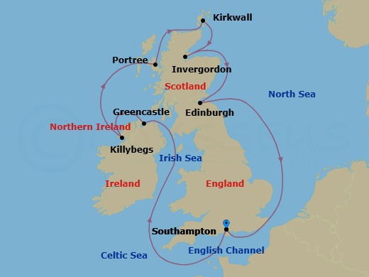 9 Night - A Journey Through Rugged Scottish Islands & Scenic Celtic Coastlines - EXPLORA IV - Starting in Southampton, Greencastle (County Donegal), Killybegs (County Donegal), Portree, Kirkwall, Invergordon, United Kingdom, Edinburgh, Southampton itinerary map