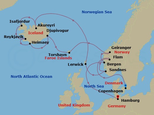 16 Night - An Extended Journey of Wild Landscapes, Volcanic Shores & Historic Canals - EXPLORA V - Starting in Copenhagen, Flam, Norway, Sandnes, Lerwick (Shetland Islands), Akureyri, Isafjordur, Reykjavik, Heimaey, Djupivogur, Torshavn, Geiranger, Norway, Bergen, Hamburg itinerary map