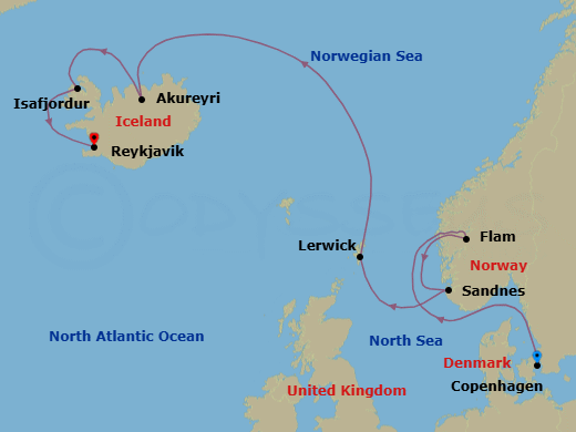 8 Night - A Journey Through Fjord Tranquillity & Wild Island Landscapes - EXPLORA V - Starting in Copenhagen, Flam, Norway, Sandnes, Lerwick (Shetland Islands), Akureyri, Isafjordur, Reykjavik itinerary map