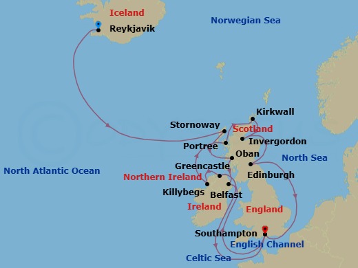 16 Night - An Extended Journey Through Scottish Isles & Iconic Castles - EXPLORA IV - Starting in Reykjavik, Stornoway (Isle of Lewis), Oban UK, Belfast, Southampton, Greencastle (County Donegal), Killybegs (County Donegal), Portree, Kirkwall, Invergordon, United Kingdom, Edinburgh, Southampton itinerary map