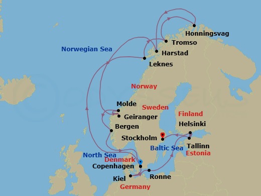 19 Night - An Extended Journey Through Norse Landscapes, Mountain Vistas & Baltic Creativity - EXPLORA V - Starting in Copenhagen, Leknes (Lofoten Islands), Tromso, Honningsvag (Nordkapp), Harstad, Geiranger, Norway, Molde, Bergen, Copenhagen, Kiel, Ronne, Tallinn, Helsinki, Stockholm itinerary map
