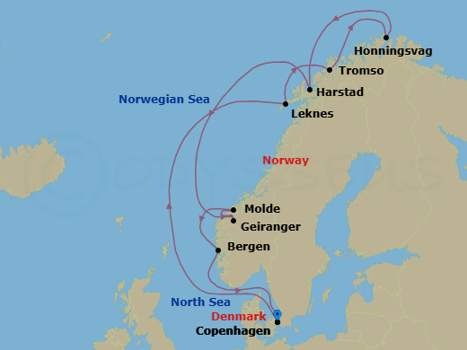 12 Night - A Journey Through Scandinavian Fjords Under the Midnight Sun - EXPLORA V - Starting in Copenhagen, Leknes (Lofoten Islands), Tromso, Honningsvag (Nordkapp), Harstad, Geiranger, Norway, Molde, Bergen, Copenhagen itinerary map