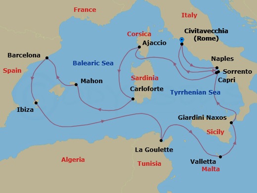 13 Night - An Extended Journey of Bohemian Islands & Artistic Cities - EXPLORA II - Starting in Civitavecchia (Rome), Port of Naples, Capri, Ajaccio (Corsica), Carloforte, Mahon (Menorca), Barcelona, Ibiza, Tunis / La Goulette, La Valletta, Giardini Naxos, Sorrento, Civitavecchia (Rome) itinerary map