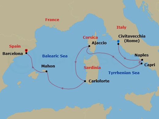 6 Night - A Journey of Southern European Legends, Flavours & Ageless Allure - EXPLORA II - Starting in Civitavecchia (Rome), Port of Naples, Capri, Ajaccio (Corsica), Carloforte, Mahon (Menorca), Barcelona itinerary map