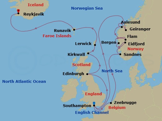 18 Night - An Extended Journey from the English Shore to the Volcanic Vistas of Iceland - EXPLORA IV - Starting in Southampton, Geiranger, Norway, Alesund, Flam, Norway, Bergen, Eidfjord, Sandnes, Bruges (Zeebrugge), Southampton, Edinburgh, Kirkwall, Lerwick (Shetland Islands), Runavik (Eysturoy), Reykjavik itinerary map