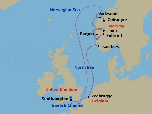 11 Night - A Journey of Majestic Fjords, Soaring Waterfalls, & Timeless European Charm - EXPLORA IV - Starting in Southampton, Geiranger, Norway, Alesund, Flam, Norway, Bergen, Eidfjord, Sandnes, Bruges (Zeebrugge), Southampton itinerary map