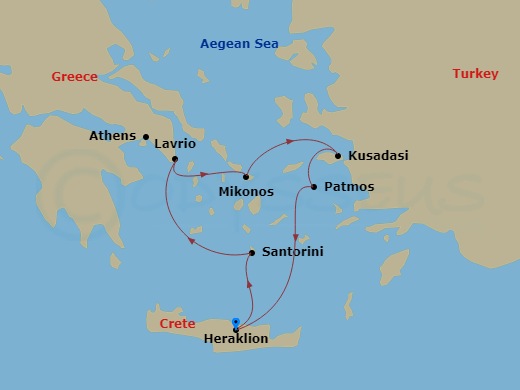 3 Night - Iconic Greek Islands - Celestyal Discovery - Starting in Heraklion, Santorini, Lavrion, Athens, Mykonos, Kusadasi, Patmos, Heraklion itinerary map