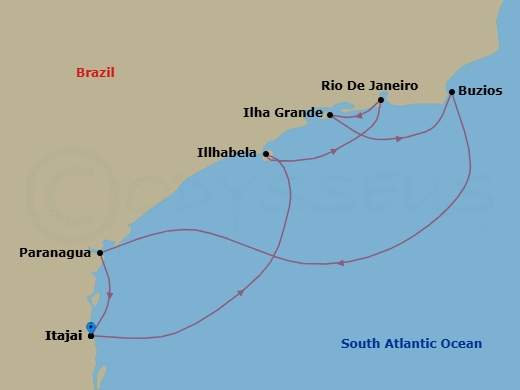 7 Night - South America - MSC Musica - Starting in Itajai, Brazil, Ilhabela, Brazil, Rio De Janeiro, Brazil, Ilha Grande, Brazil, Buzios, Brazil, Paranagua, Brazil, Itajai, Brazil itinerary map