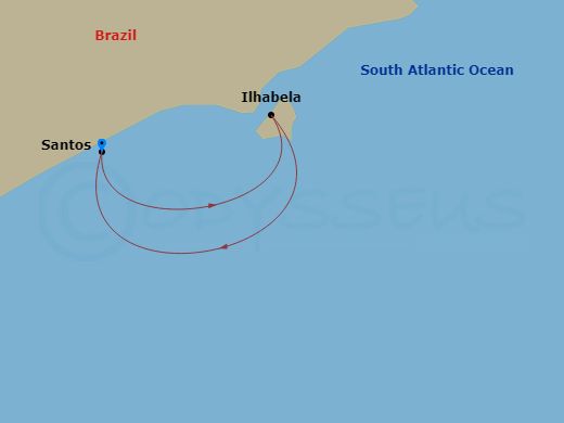 3 Night - South America - MSC Divina - Starting in Santos (Sao Paulo), Brazil, Ilhabela, Brazil, Santos (Sao Paulo), Brazil itinerary map