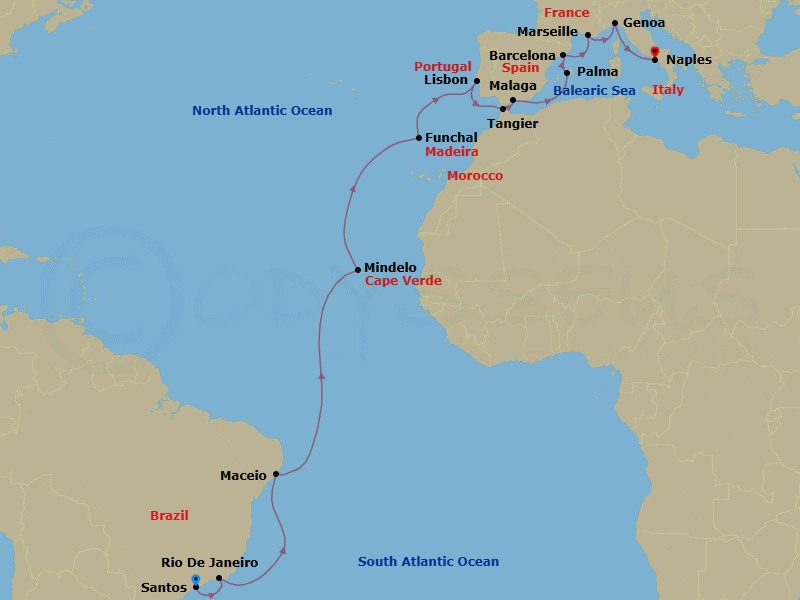 24 Night - Msc Grand Voyages - MSC Seaview - Starting in Santos (Sao Paulo), Brazil, Rio De Janeiro, Brazil, Maceio, Brazil, Mindelo, Cape Verde, Funchal (Madeira Islands), Portugal, Lisbon (Cascais), Portugal, Tangier (Tetouan), Morocco, Malaga (Granada), Spain, Palma De Mallorca (Baleari Is), Spain, Barcelona, Spain, Marseille (Provence), France, Genoa (Portofino), Italy, Naples (Pompeii), Italy itinerary map