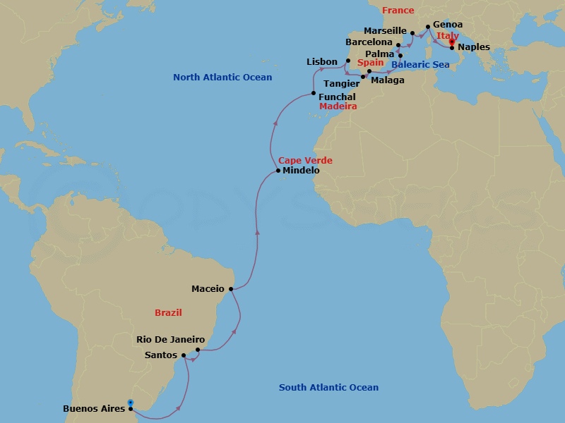 27 Night - Msc Grand Voyages - MSC Seaview - Starting in Buenos Aires, Argentina, Santos (Sao Paulo), Brazil, Rio De Janeiro, Brazil, Maceio, Brazil, Mindelo, Cape Verde, Funchal (Madeira Islands), Portugal, Lisbon (Cascais), Portugal, Tangier (Tetouan), Morocco, Malaga (Granada), Spain, Palma De Mallorca (Baleari Is), Spain, Barcelona, Spain, Marseille (Provence), France, Genoa (Portofino), Italy, Naples (Pompeii), Italy itinerary map