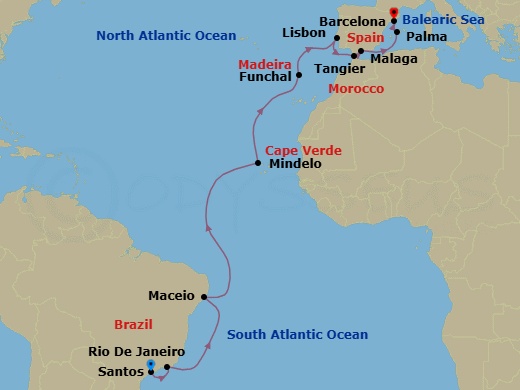 21 Night - Msc Grand Voyages - MSC Seaview - Starting in Santos (Sao Paulo), Brazil, Rio De Janeiro, Brazil, Maceio, Brazil, Mindelo, Cape Verde, Funchal (Madeira Islands), Portugal, Lisbon (Cascais), Portugal, Tangier (Tetouan), Morocco, Malaga (Granada), Spain, Palma De Mallorca (Baleari Is), Spain, Barcelona, Spain itinerary map