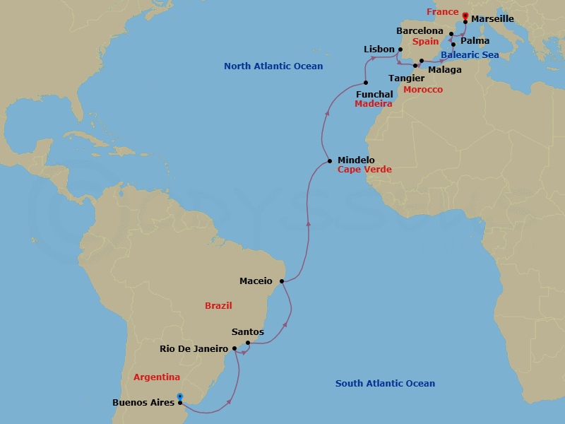 25 Night - Msc Grand Voyages - MSC Seaview - Starting in Buenos Aires, Argentina, Santos (Sao Paulo), Brazil, Rio De Janeiro, Brazil, Maceio, Brazil, Mindelo, Cape Verde, Funchal (Madeira Islands), Portugal, Lisbon (Cascais), Portugal, Tangier (Tetouan), Morocco, Malaga (Granada), Spain, Palma De Mallorca (Baleari Is), Spain, Barcelona, Spain, Marseille (Provence), France itinerary map