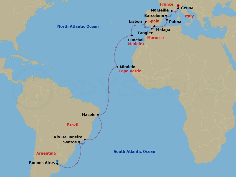 26 Night - Msc Grand Voyages - MSC Seaview - Starting in Buenos Aires, Argentina, Santos (Sao Paulo), Brazil, Rio De Janeiro, Brazil, Maceio, Brazil, Mindelo, Cape Verde, Funchal (Madeira Islands), Portugal, Lisbon (Cascais), Portugal, Tangier (Tetouan), Morocco, Malaga (Granada), Spain, Palma De Mallorca (Baleari Is), Spain, Barcelona, Spain, Marseille (Provence), France, Genoa (Portofino), Italy itinerary map
