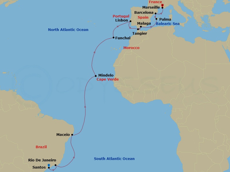 22 Night - Msc Grand Voyages - MSC Seaview - Starting in Santos (Sao Paulo), Brazil, Rio De Janeiro, Brazil, Maceio, Brazil, Mindelo, Cape Verde, Funchal (Madeira Islands), Portugal, Lisbon (Cascais), Portugal, Tangier (Tetouan), Morocco, Malaga (Granada), Spain, Palma De Mallorca (Baleari Is), Spain, Barcelona, Spain, Marseille (Provence), France itinerary map