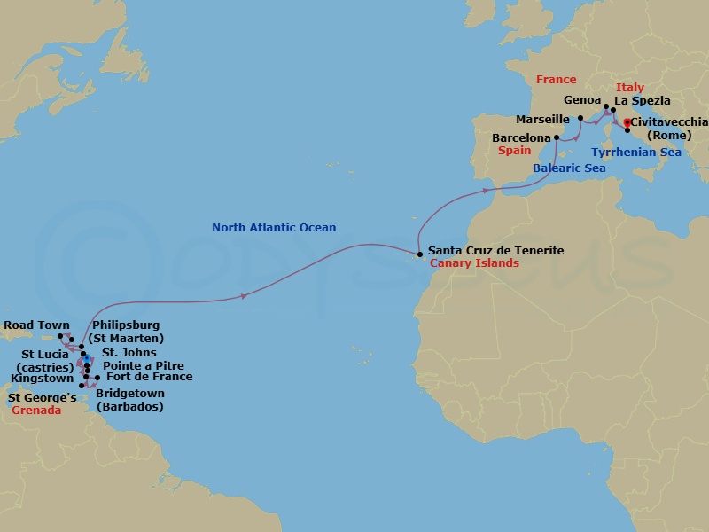 25 Night - Msc Grand Voyages - MSC World Europa - Starting in Fort-de-France, Martinique, Pointe-A-Pitre, Guadeloupe, Castries, Saint Lucia, Bridgetown, Barbados, Saint George, Grenada, Kingstown, St Vincent and the Grenadines, Fort-de-France, Martinique, Pointe-A-Pitre, Guadeloupe, Philipsburg, St Maarten, Road Town (Tortola), British Virgin Islands, St Johns AG, Antigua, Santa Cruz de Tenerife, Barcelona, Spain, Marseille (Provence), France, Genoa (Portofino), Italy, La Spezia (Cinque Terre), Italy, Civitavecchia (Rome), Italy itinerary map