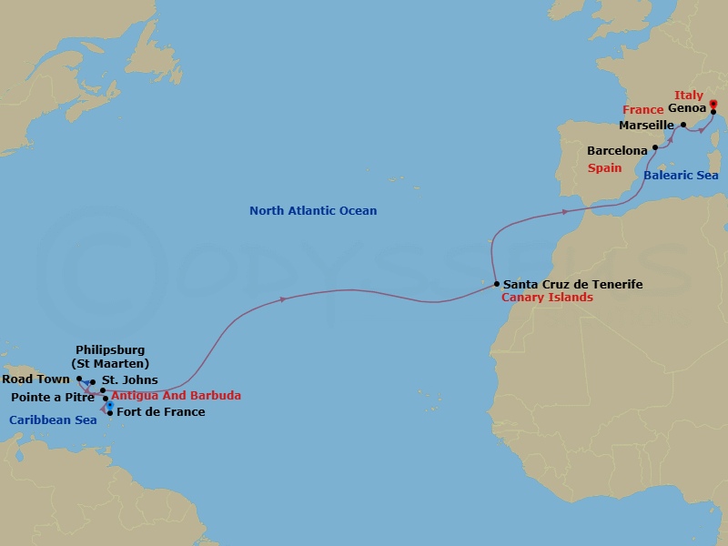 16 Night - Msc Grand Voyages - MSC World Europa - Starting in Fort-de-France, Martinique, Pointe-A-Pitre, Guadeloupe, Philipsburg, St Maarten, Road Town (Tortola), British Virgin Islands, St Johns AG, Antigua, Santa Cruz de Tenerife, Barcelona, Spain, Marseille (Provence), France, Genoa (Portofino), Italy itinerary map
