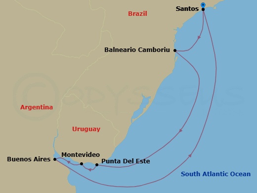 8 Night - South America - MSC Seaview - Starting in Santos (Sao Paulo), Brazil, Camboriu, Brazil, Punta Del Este, Uruguay, Montevideo, Uruguay, Buenos Aires, Argentina, Santos (Sao Paulo), Brazil itinerary map
