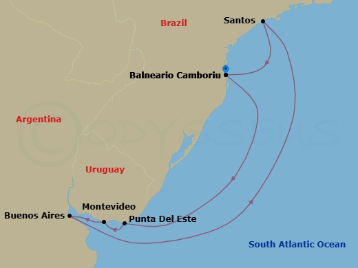 8 Night - South America - MSC Seaview - Starting in Camboriu, Brazil, Punta Del Este, Uruguay, Montevideo, Uruguay, Buenos Aires, Argentina, Santos (Sao Paulo), Brazil, Camboriu, Brazil itinerary map