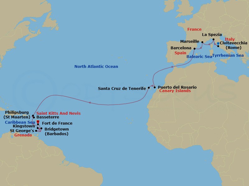 20 Night - Msc Grand Voyages - MSC World Europa - Starting in Civitavecchia (Rome), Italy, La Spezia (Cinque Terre), Italy, Marseille (Provence), France, Barcelona, Spain, Puerto Del Rosario / Fuerteventura, Spain, Santa Cruz de Tenerife, Philipsburg, St Maarten, Basseterre, St Kitts and Nevis, Kingstown, St Vincent and the Grenadines, Bridgetown, Barbados, Saint Georges, Grenada, Fort-de-France, Martinique itinerary map