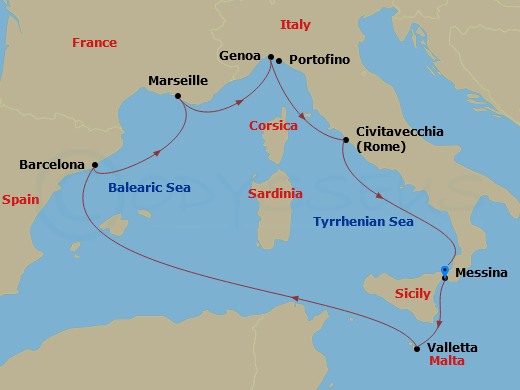 7 Night - Mediterranean - MSC World Europa - Starting in Messina (Taormina), Italy, Valletta, Malta, Barcelona, Spain, Marseille (Provence), France, Genoa (Portofino), Italy, Civitavecchia (Rome), Italy, Messina (Taormina), Italy itinerary map