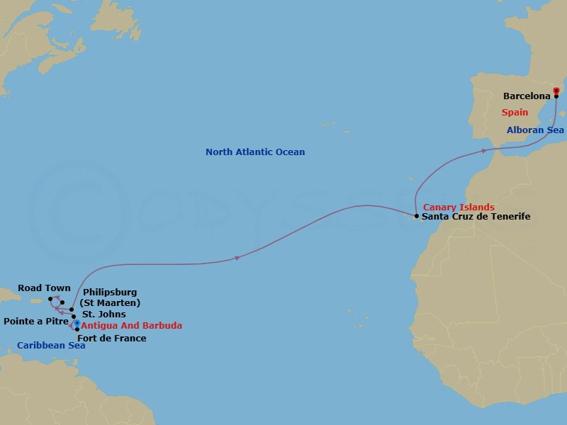 14 Night - Msc Grand Voyages - MSC World Europa - Starting in Fort-de-France, Martinique, Pointe-A-Pitre, Guadeloupe, Philipsburg, St Maarten, Road Town (Tortola), British Virgin Islands, St Johns AG, Antigua, Santa Cruz de Tenerife, Barcelona, Spain itinerary map