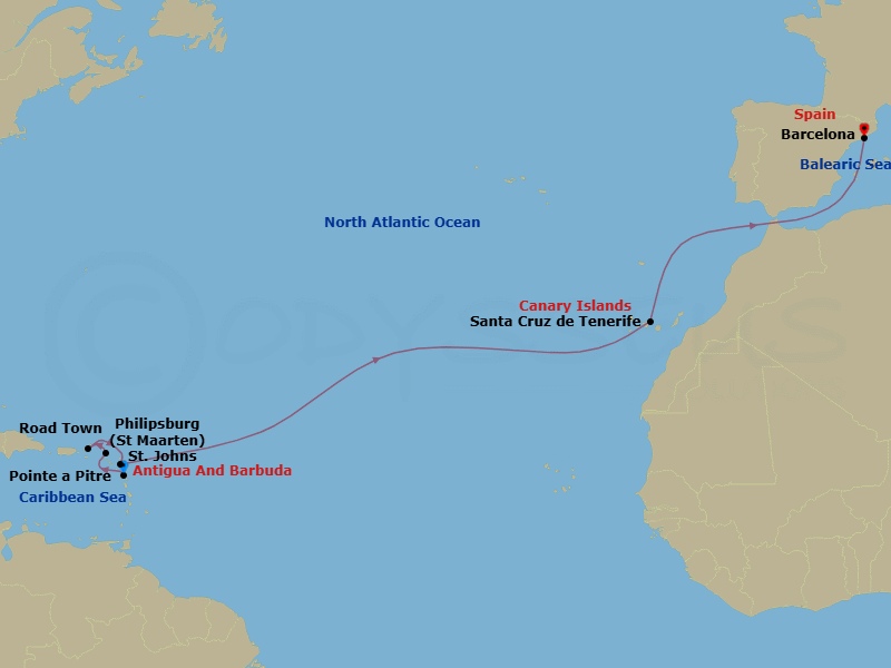 13 Night - East Caribbean - MSC World Europa - Starting in Pointe-A-Pitre, Guadeloupe, Philipsburg, St Maarten, Road Town (Tortola), British Virgin Islands, St Johns AG, Antigua, Santa Cruz de Tenerife, Barcelona, Spain itinerary map