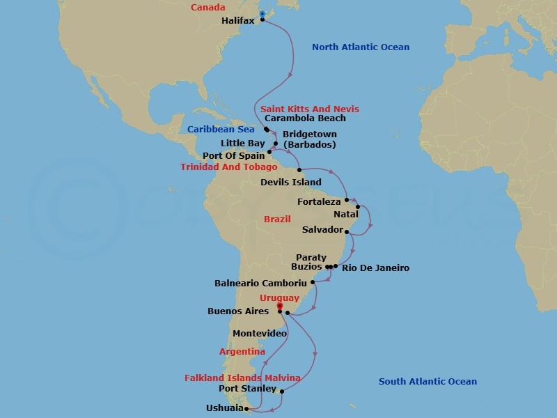49 Night - Exploring the Caribbean - Tour C01 - Seabourn Venture Tours - Starting in Halifax, Nova Scotia, Canada, Carambola Beach, Saint Kitts and Nevis, Little Bay, Montserrat, Rodney Bay, Saint Lucia, Bridgetown, Barbados, Port-of-Spain, Trinidad and Tobago, Devils Island, French Guiana, Crossing the Equator, Fortaleza, Brazil, Natal, Brazil, Salvador da Bahia, Brazil, Armacao dos Buzios, Brazil, Parati, Brazil, Rio De Janeiro, Brazil, Camboriu, Brazil, Montevideo, Uruguay, The Falkland Islands, Port Stanley, Falkland Islands, South Georgia, Antarctica, Ushuaia, Argentina, Buenos Aires itinerary map