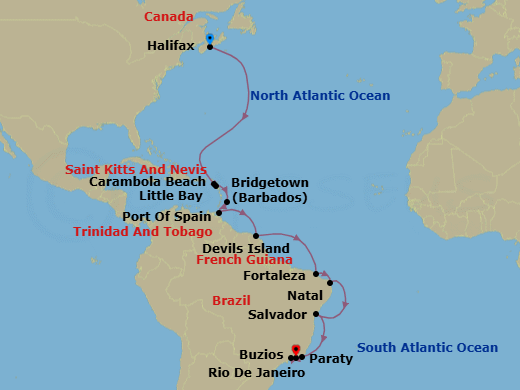 24 Night - Caribbean Horizons to South America - Seabourn Venture - Starting in Halifax, Nova Scotia, Canada, Carambola Beach, Saint Kitts and Nevis, Little Bay, Montserrat, Rodney Bay, Saint Lucia, Bridgetown, Barbados, Port-of-Spain, Trinidad and Tobago, Devils Island, French Guiana, Crossing the Equator, Fortaleza, Brazil, Natal, Brazil, Salvador da Bahia, Brazil, Armacao dos Buzios, Brazil, Parati, Brazil, Rio De Janeiro, Brazil itinerary map