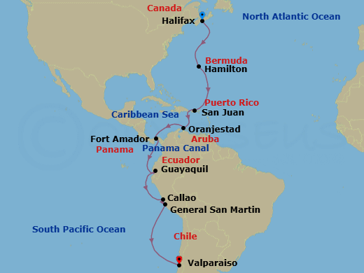 24 Night - Atlantic Crossing : Halifax to South America - Seabourn Pursuit - Starting in Halifax, Nova Scotia, Canada, Hamilton, Bermuda, San Juan, Puerto Rico, Oranjestad, Aruba, Cruising Panama Canal, Fuerte Amador (Panama City), Panama, Guayaquil (Quito), Ecuador, Callao (Lima), Peru, General San Martin (Pisco), Peru, Valparaiso (Santiago), Chile itinerary map