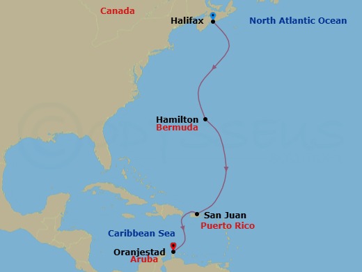 8 Night - Atlantic Crossing : Halifax to Bermuda & Puerto Rico - Seabourn Pursuit - Starting in Halifax, Nova Scotia, Canada, Hamilton, Bermuda, San Juan, Puerto Rico, Oranjestad, Aruba itinerary map