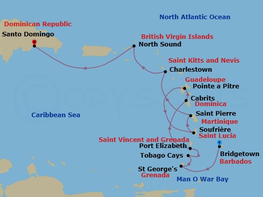 15 Night - Caribbean from Bridgetown to Santo Domingo - Sea Cloud II - Starting in Bridgetown, Man-O-War Bay (Charlotteville), St Georges, Tobago Cays, St Vincent and the Grenadines, Port Elizabeth VC / Bequia, Cabrits, Pointe-a-Pitre, Soufriere, Saint-Pierre, Charlestown, Nevis, North Sound / Virgin Gorda, White Bay, Jost Van Dyke, Santo Domingo itinerary map
