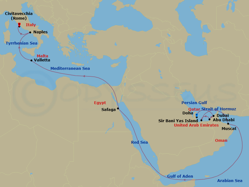 20 Night - Msc Grand Voyages - MSC World Europa - Starting in Doha, Qatar, Dubai, United Arab Emirates, Abu Dhabi, United Arab Emirates, Sir Baniyas Island, UAE, Muscat, Oman, Safaga, Egypt, Suez Canal (Transit), Egypt, Valletta, Malta, Naples (Pompeii), Italy, Civitavecchia (Rome), Italy itinerary map