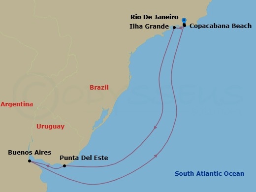 8 Night - South America - MSC Splendida - Starting in Rio De Janeiro, Brazil, Copacabana (Rio de Janeiro), Brazil, Ilha Grande, Brazil, Punta Del Este, Uruguay, Buenos Aires, Argentina, Rio De Janeiro, Brazil itinerary map