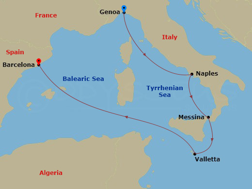 5 Night - Mediterranean - MSC Magnifica - Starting in Genoa (Portofino), Italy, Naples (Pompeii), Italy, Messina (Taormina), Italy, Valletta, Malta, Barcelona, Spain itinerary map