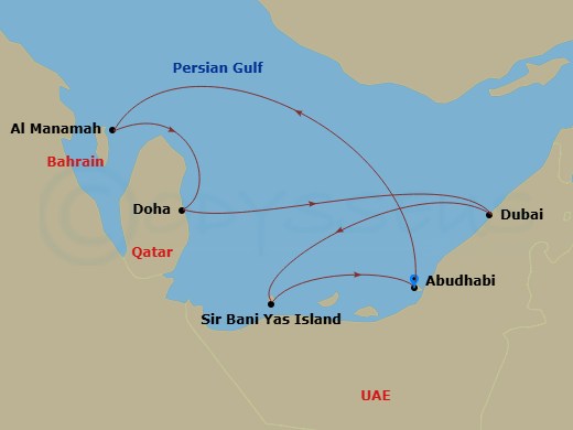 7 Night - Dubai, Abu Dhabi & Qatar - MSC World Europa - Starting in Abu Dhabi, United Arab Emirates, Bahrain, Doha, Qatar, Dubai, United Arab Emirates, Sir Baniyas Island, UAE, Abu Dhabi, United Arab Emirates itinerary map