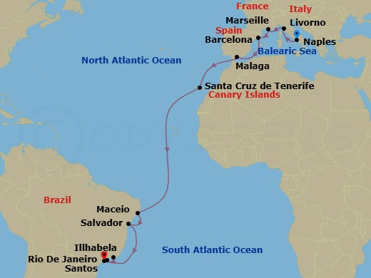 21 Night - Msc Grand Voyages - MSC Virtuosa - Starting in Naples (Pompeii), Italy, Livorno (Florence), Italy, Marseille (Provence), France, Barcelona, Spain, Malaga (Granada), Spain, Santa Cruz de Tenerife, Maceio, Brazil, Salvador, Brazil, Rio De Janeiro, Brazil, Ilhabela, Brazil, Santos (Sao Paulo), Brazil itinerary map