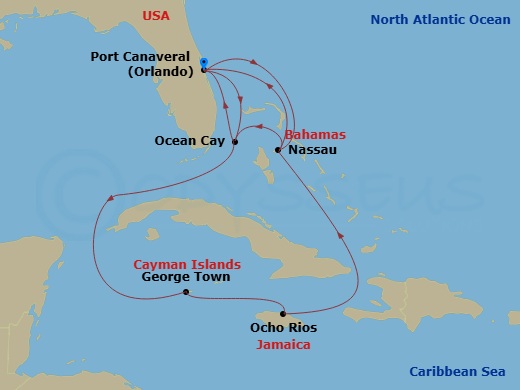 10 Night - Caribbean and Antilles - MSC Grandiosa - Starting in Port Canaveral (Orlando), Nassau, Bahamas, Ocean Cay Msc Marine Reserve, Bahamas, Port Canaveral (Orlando), Ocean Cay Msc Marine Reserve, Bahamas, George Town, Cayman Islands, Ocho Rios, Jamaica, Nassau, Bahamas, Port Canaveral (Orlando) itinerary map