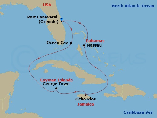 7 Night - Caribbean and Antilles - MSC Grandiosa - Starting in Port Canaveral (Orlando), Ocean Cay Msc Marine Reserve, Bahamas, George Town, Cayman Islands, Ocho Rios, Jamaica, Nassau, Bahamas, Port Canaveral (Orlando) itinerary map