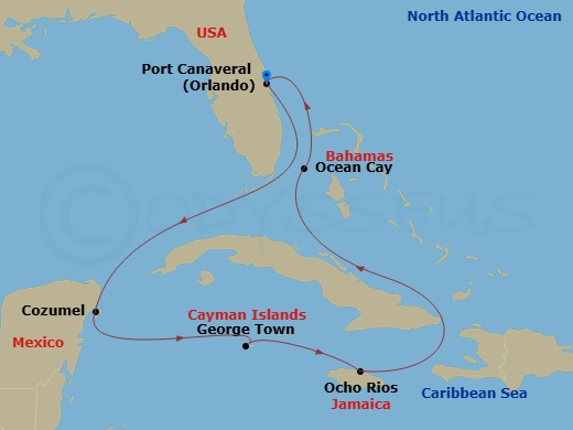 7 Night - Caribbean and Antilles - MSC Grandiosa - Starting in Port Canaveral (Orlando), Ocean Cay Msc Marine Reserve, Bahamas, Ocho Rios, Jamaica, George Town, Cayman Islands, Cozumel, Mexico, Port Canaveral (Orlando) itinerary map