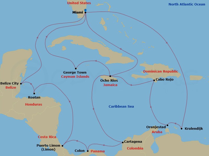 21 Night - Caribbean and Antilles - MSC Poesia - Starting in Miami, Kralendijk, Bonaire, Oranjestad, Aruba, Cabo Rojo, Dominican Republic, Ocho Rios, Jamaica, George Town, Cayman Islands, Miami, Ocho Rios, Jamaica, Cartagena CO, Colon, Panama, Puerto Limon, Costa Rica, Isla De Roatan, Honduras, Belize City, Belize, Miami itinerary map