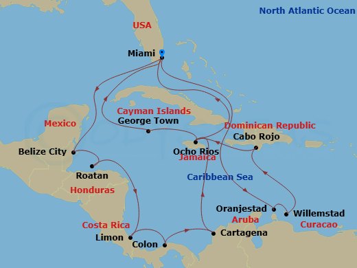 21 Night - Caribbean and Antilles - MSC Poesia - Starting in Miami, Oranjestad, Aruba, Willemstad AN, Cabo Rojo, Dominican Republic, Ocho Rios, Jamaica, George Town, Cayman Islands, Miami, Ocho Rios, Jamaica, Cartagena CO, Colon, Panama, Puerto Limon, Costa Rica, Isla De Roatan, Honduras, Belize City, Belize, Miami itinerary map
