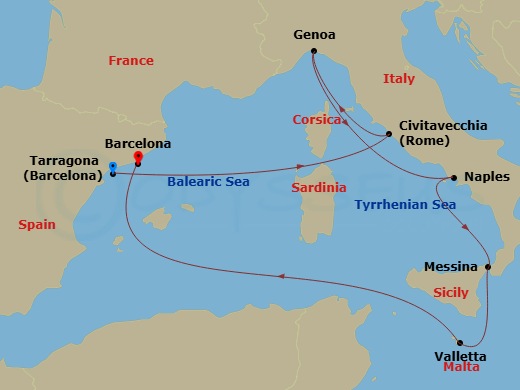 8 Night - Mediterranean - MSC Magnifica - Starting in Tarragona, Spain, Civitavecchia (Rome), Italy, Genoa (Portofino), Italy, Naples (Pompeii), Italy, Messina (Taormina), Italy, Valletta, Malta, Barcelona, Spain itinerary map