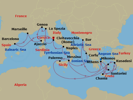 28 Night - The Best of the Mediterranean - Sun Princess - Starting in Athens (Piraeus), Greece, Montenegro, Corfu, Greece, Sicily (Messina), Italy, Santorini, Greece, Mykonos, Greece, Kusadasi, Turkey (for Ephesus), Crete (Chania), Greece, Athens (Piraeus), Greece, Crete (Chania), Greece, Kusadasi, Turkey (for Ephesus), Santorini, Greece, Mykonos, Greece, Sicily (Palermo), Italy, Sicily (Messina), Italy, Naples, Italy (for Capri and Pompeii), Civitavecchia (for Rome), Italy, Barcelona, Spain, Marseille (Provence), France, Corsica (Ajaccio), France, Genoa (for Cinque Terre), Italy, La Spezia (for Florence / Pisa), Italy, Civitavecchia (for Rome), Italy itinerary map